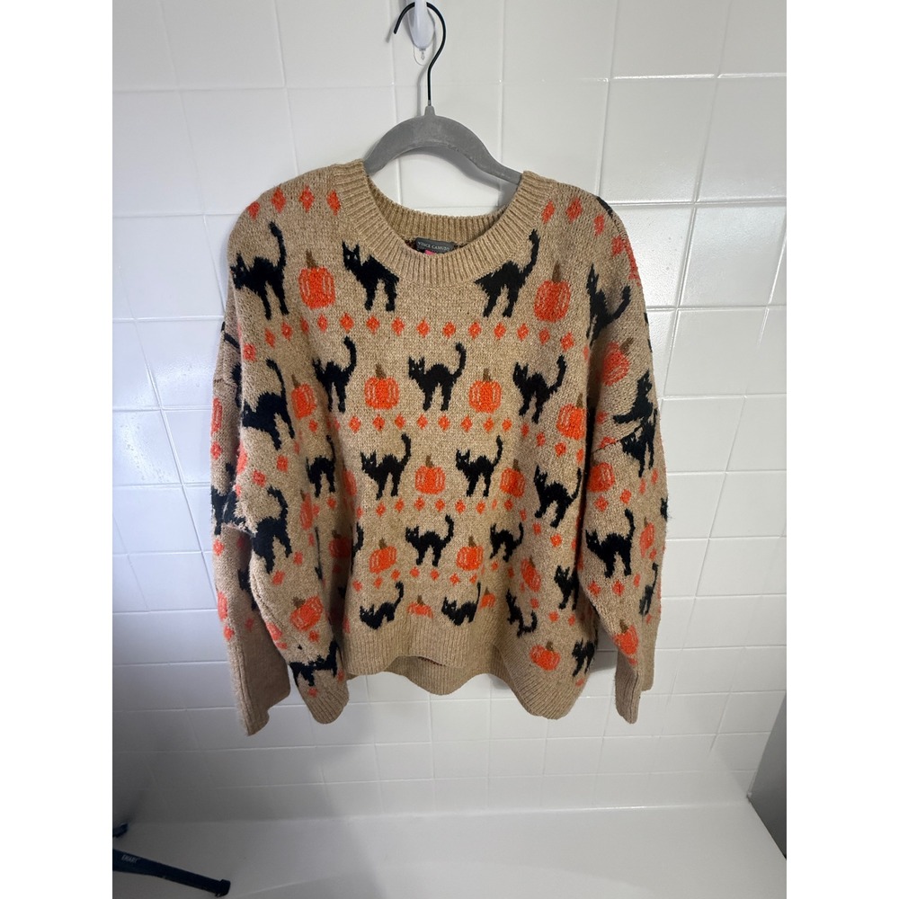 Vince Camuto Womens XXL Halloween Black Cat Pumpkin Intarsia Knit Sweater Tan - Picture 2 of 7